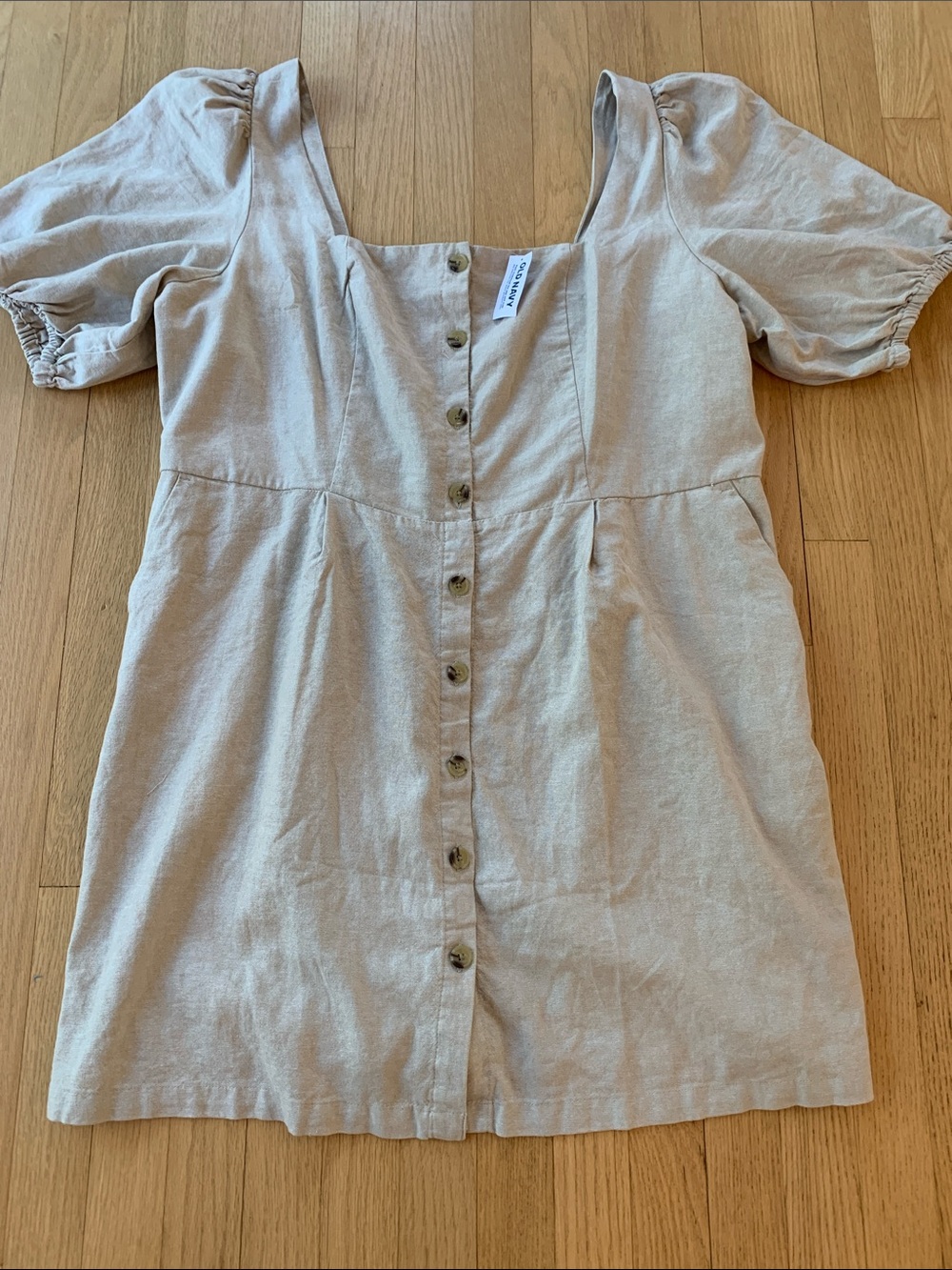 Old Navy Puff Sleeve Linen Blend Mini Dress Button Front Tan Size 2X NWT